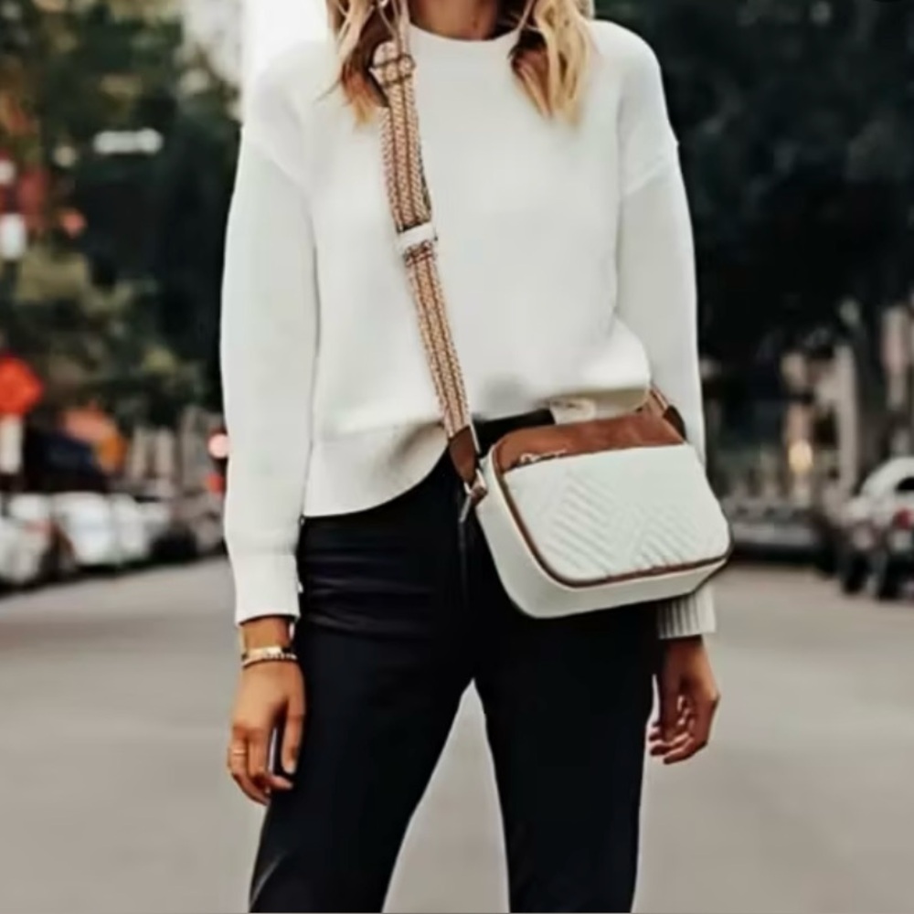 White Sweater with Brown and White Crossbody Bag